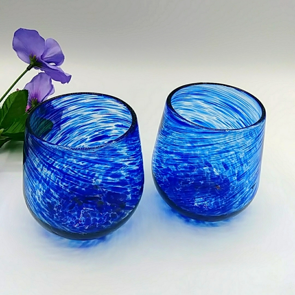 2 Cocktail Glasses With Blue Swirls And Dots. Hand Blown